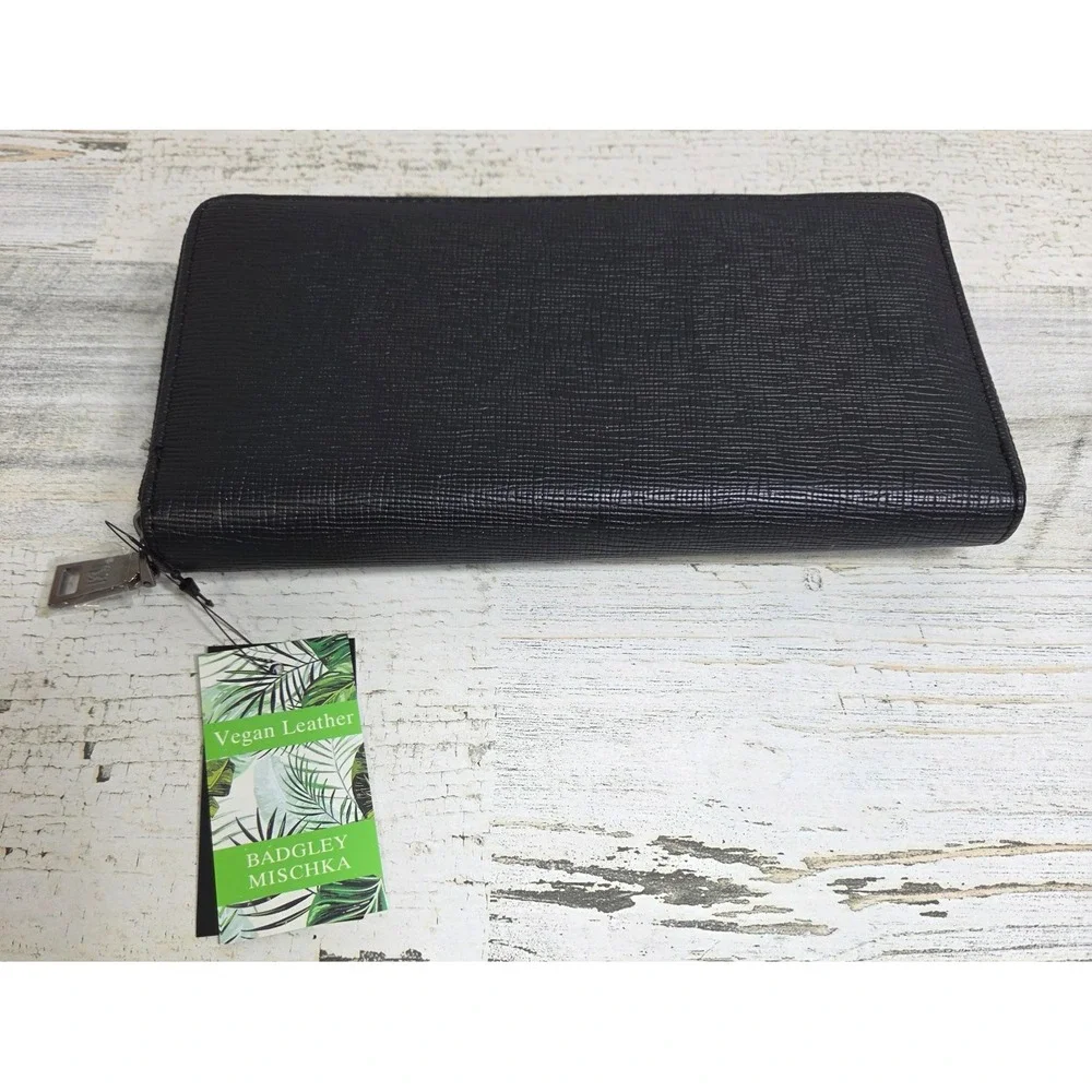Badgley Mischka Black Vegan Leather Zip Around Long Wallet Clutch NWT